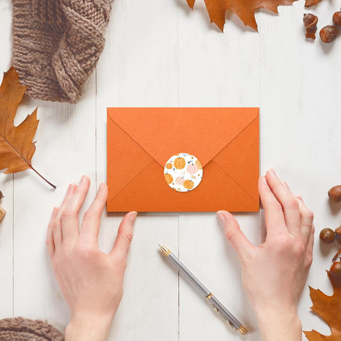 Whaline 50Pcs Fall Invitation Envelopes, Orange Pumpkin Greeting Card Holders with Stickers, V-Flap Envelopes Gift Card