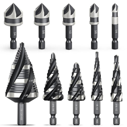 THINKWORK 5 Pcs Step Drill Bit Set with 5 Pcs Countersink Drill Bits & Tool Box, Nitriding HSS for Metal, Aluminum,