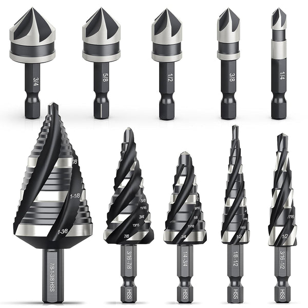 THINKWORK 5 Pcs Step Drill Bit Set with 5 Pcs Countersink Drill Bits & Tool Box, Nitriding HSS for Metal, Aluminum,