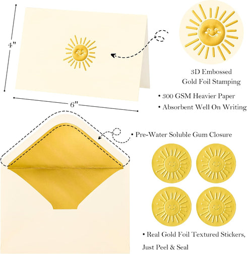 50 Pack 4x6, Crisky Smile Boho Sun Blank Cards and Envelopes Embossed Gold Foil Blank Greeting Cards Bulk for Wedding