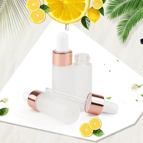 Kesell 50 Pack Dropper Bottles, 5ml Frosted Glass Sample Bottles for Essential Oils, with 3 Funnels, Rose Gold Cap