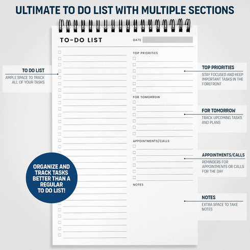 To Do List Notepad 3 Pack, 6.5 x 9.8" 60 Sheets Spiral Daily Planner Notebook for Work, Note and Todo Organization
