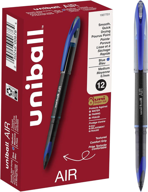 uniball Air Porous Roller Ball Pen, Medium 0.7 Mm, Blue Ink, Black Barrel, Dozen