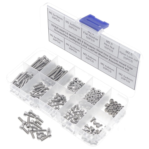 Metric M2.5 Stainless Steel Knurled Socket Head Cap Screws Kit, Screws Lengths from 4mm to 20mm, with Hex Nuts/Nylon