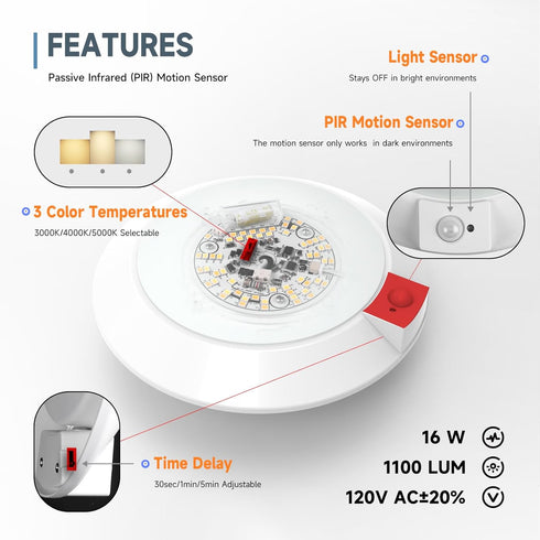 3CCT Countdown 16W 1000Lm, 2Pack ECOELER PIR Motion Sensor Ceiling Light, Selectable Occupancy Light with Time & Light
