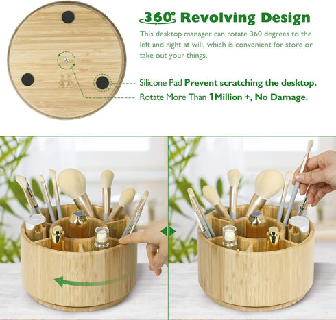 Bamboo Rotating Pencil Holder for Desk - Pen Holder Desk Organizer with 7 Compartments for Office Supplies