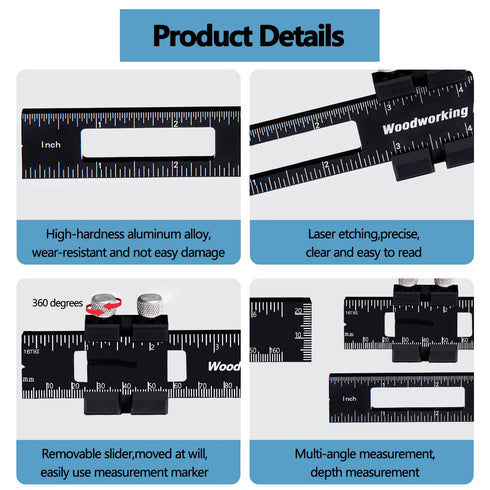 Precision Pocket Woodworking Ruler, 8 Inch Marking Measuring Ruler, Metal Construction Ruler with Slide Stops