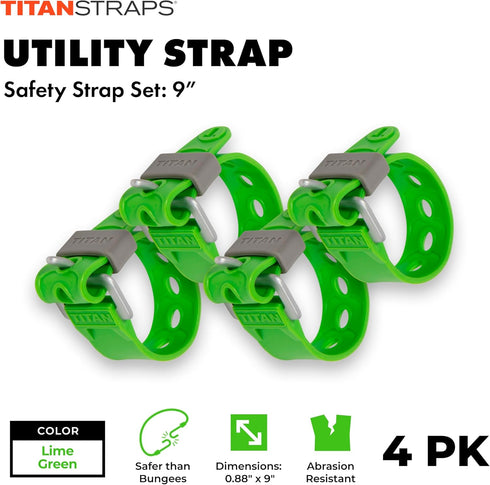 Titan Utility Straps - Reliable Tension Straps for Securing Bike & Moto Gear, 60 lb Working Load, 9" Length, Lime
