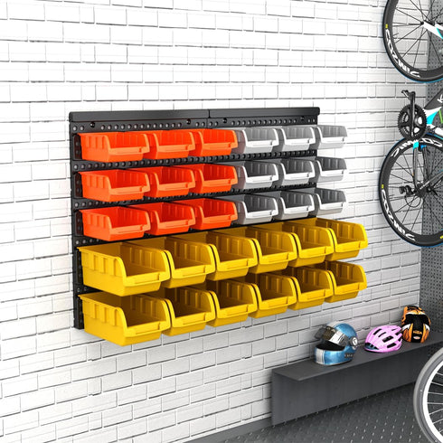 30-Bin Wall Mounted Storage Bins Kit, Tool Organizer Rack, Garage Hardware Organizer, Parts Storage Bins, DIY