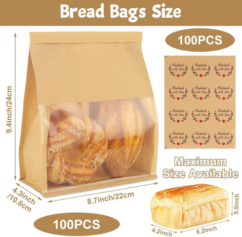 100 8.2 3.9 9.4 Inch Packaging, QTLCOHD Pcs Bakery Bags with Window - x x Tin Tie Tab Lock Sourdough Paper Bread Bags