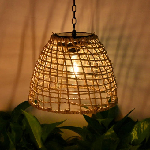 Outdoor Solar Hanging Lantern, Natural Seaweed Rattan Bamboo Hand-Woven Pendent Chandelier Light