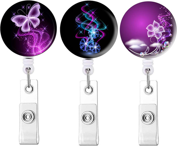 Retractable Badge Holder with Alligator Clip, ID Card Holders Nurse Badge Reel Extension 24inch (3Pack Purple A)