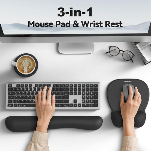 TECKNET 3 1 Set Gel Mouse Pad with Wrist Rest, in Keyboard Wrist Rest for Pain Relief, Non-Slip PU Base & Easy Typing