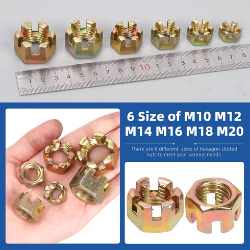Glarks 60Pcs M10 M12 M14 M16 M18 M20 6 Hexagon Slotted Nuts Assortment Kit, Size Carbon Steel Hex Castle Nuts for Car