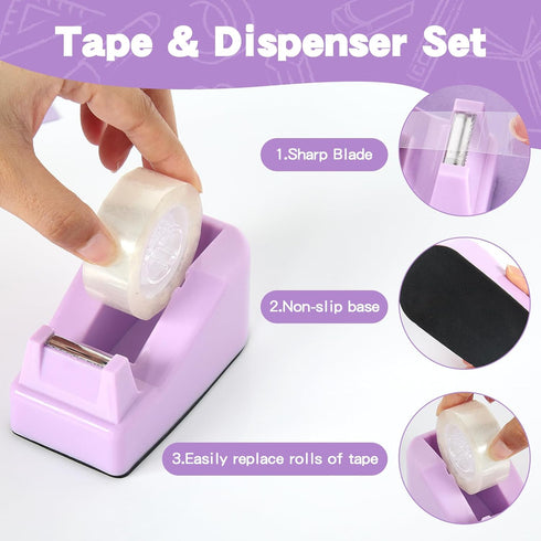 Office Supplies Set, Purple Stapler and Tape Dispenser with Staple Remover, 1000 Staples, Clips, Tape, Scissor, Tabs,