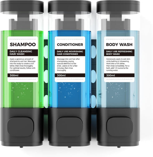 3-Chamber Wall Mounted Shampoo and Conditioner Dispenser - 300ML Each, Easy Refill, No Drip for Bathroom
