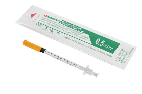 Veterinary Insulin Syringe U-100, 0.5cc (0.5ml), 27g x 1/2 inch, Individually Packed, for Pet Cat or Dog, 100 per Box