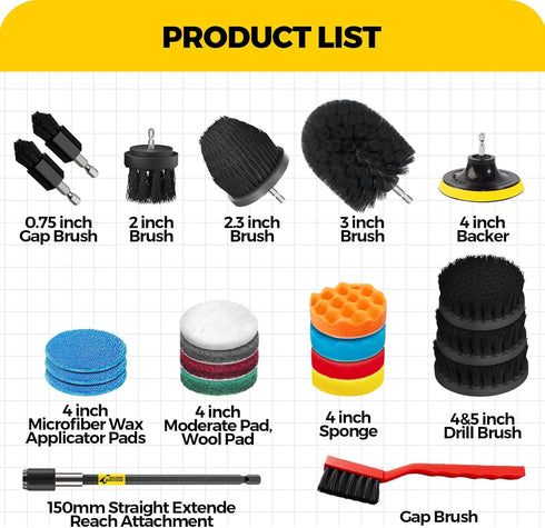 22Pack Set, Holikme Drill Brush Attachments Scrub Pads & Sponge, Buffing Pads, Power Scrubber Brush, Car Polishing Pad