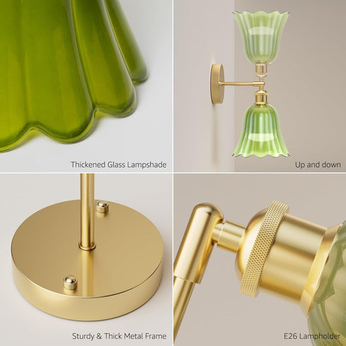 merloly 10000mAh Large Battery Operated Wall Sconce with Green Tulip Glass Lampshade Wireless Sconces Rechargeable