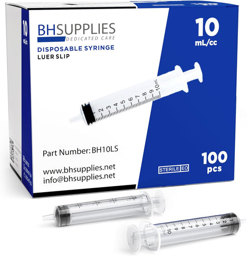 BH Supplies 10ml Luer Slip Tip Syringes, Sterile No Needle, Individually Wrapped, 100 Syringes
