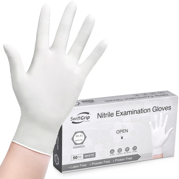 Disposable Nitrile Exam Gloves, 3-mil Medium Box of 50, White Latex-Free for Medical Cleaning Cooking