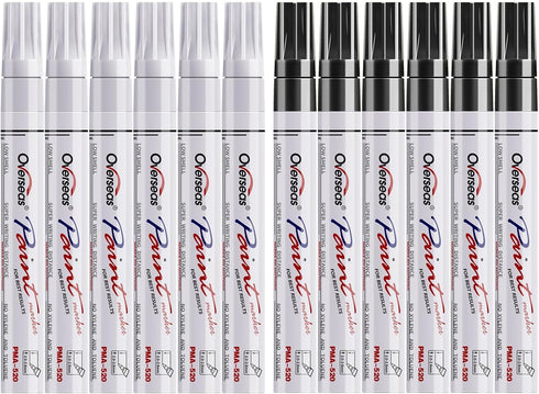Overseas White and Black Paint Pens, 12 Pack Permanent Oil Based Medium Tip Quick Dry Waterproof Markers