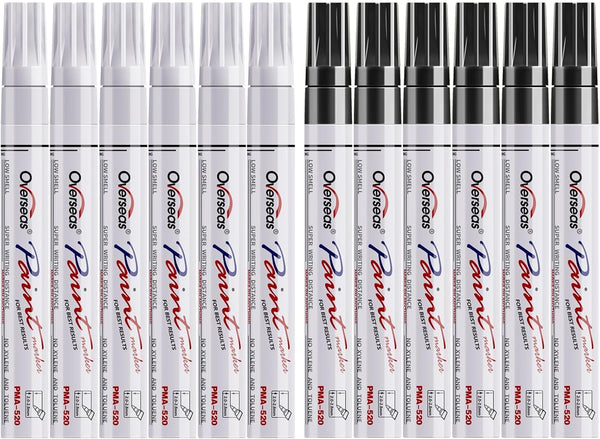 Overseas White and Black Paint Pens, 12 Pack Permanent Oil Based Medium Tip Quick Dry Waterproof Markers