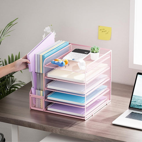 Marbrasse 5-Tier Paper Letter Tray Organizer, Mesh File Organizer for Desk, Pink