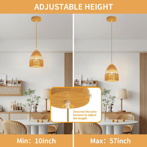 Boho Rattan Pendant Light Kitchen Island,Farmhouse Chandeliers Adjustable Height Hanging lamp for Dining Room,Kitchen