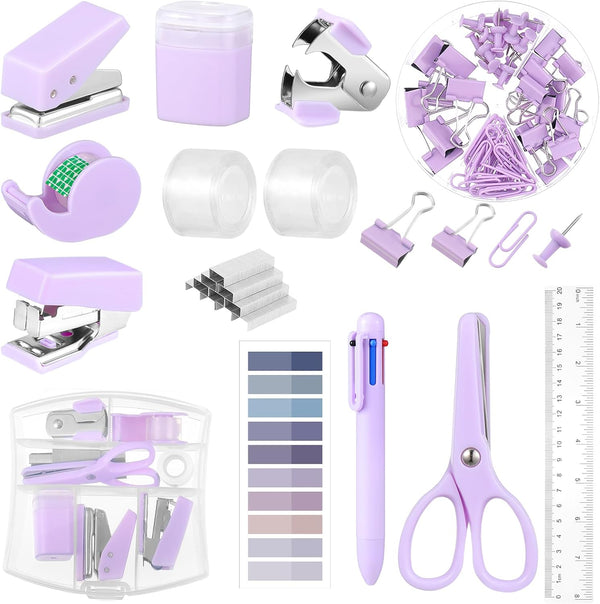 Mini Office Supplies, Purple School Supplies Set with Mini Stapler, Tape Dispenser, Hole Punch, Scissor