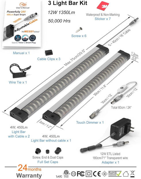 Counter 3Pcs 6500K 1350Lm Under Cabinet Lights Built-in ADIUSTABLE Cable LED Light Bar No Messy Wires! Touch Under
