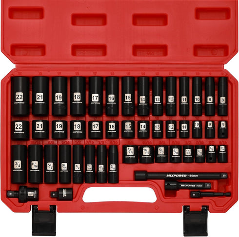 MIXPOWER 3/8" Drive Deep Impact Socket Set, 6 Point, 49 Piece Standard
