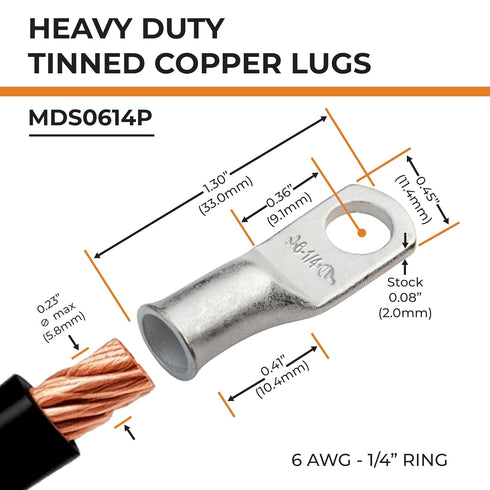 SELTERM 10pcs 6 AWG-1/4 Stud Tinned Copper Wire Lugs, Heavy Duty Battery Cable Ends, UL Marine Grade Copper Eyelets