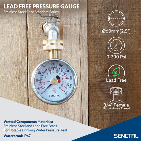 0-200 Psi Water Pressure Gauge Test with Lazy Hand, Lead-Free, Waterproof, 2.5" Dial Size