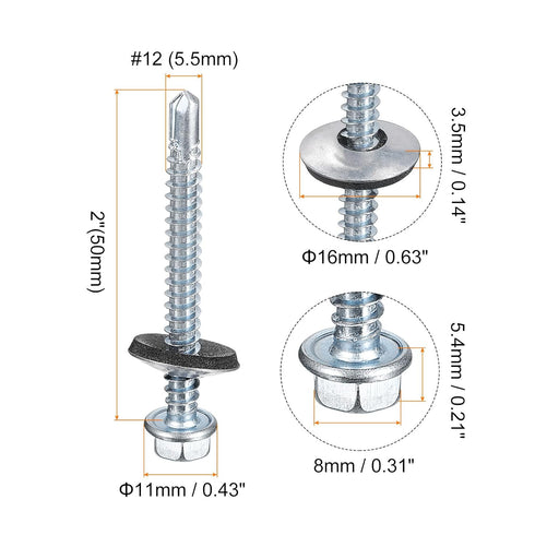 uxcell #12 x 2" Self Drilling Screws with Rubber Washer, 25pcs Zinc Plated Steel Roofing Screws Hex Head Self Tapping Screws with EPDM Washer for Metal to Metal
