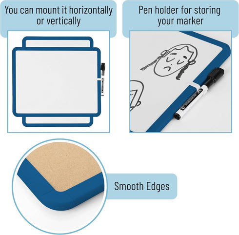 Mr. Pen Dry Erase Board, 14” x 11” Small White Board with Black Marker, Dark Blue Frame for Kids & Students