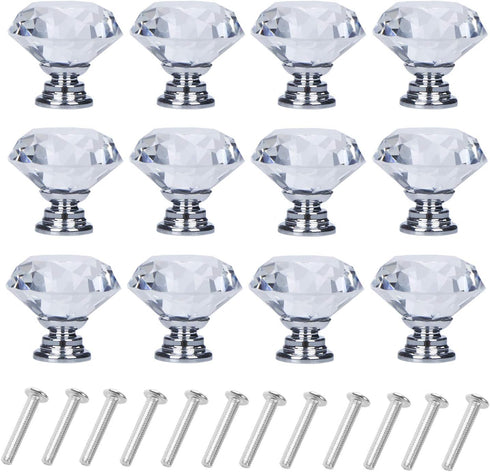 YourGift 12 Pack Drawer Knobs - Diamond Shaped Crystal Glass 30mm Cabinet Pull Handles (Silver)