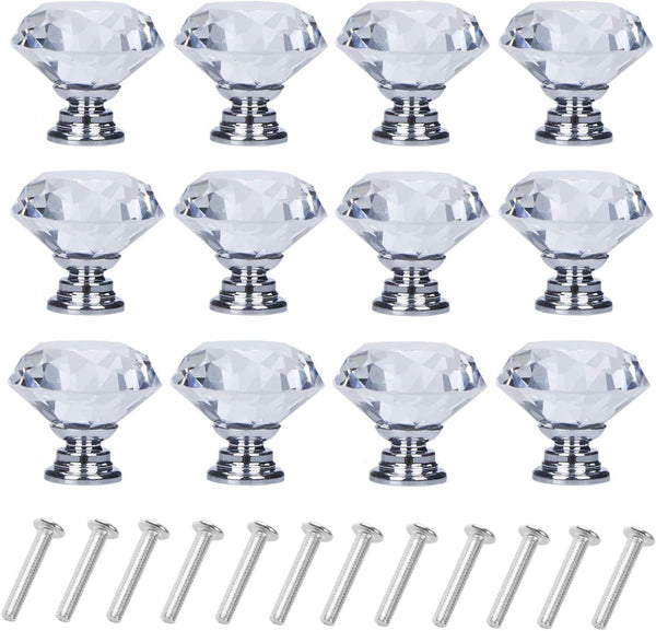 YourGift 12 Pack Drawer Knobs - Diamond Shaped Crystal Glass 30mm Cabinet Pull Handles (Silver)