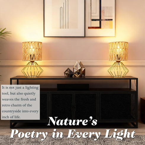 Set 2, Hamilyeah Gold Table Lamps of Boho Rattan Bedside Lamps with Woven Lamp Shade, Modern Farmhouse Desk Lamps