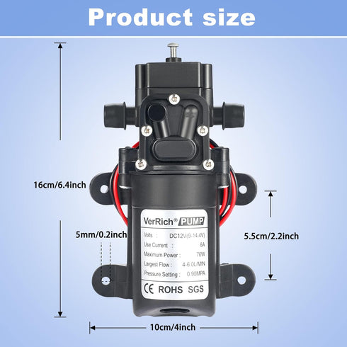 Diaphragm Pump,VerRich 12V Water Pump 70W 6A Self Priming Sprayer Pump 6 L/Min 0.9MPA 131 PSI for RV Camper Marine Boat Garden by VerRich
