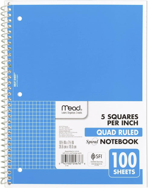 Mead Spiral Notebook, 1 Subject, Graph Ruled Paper, 7-1/2" x 10-1/2", 100 Sheets (Blue)
