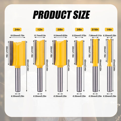 Gosknor 6pcs Set 1/4 Inch Straight Router Bit Shank, Flute Straight Router Bits Top Bottom Bearing Flush Trim Router