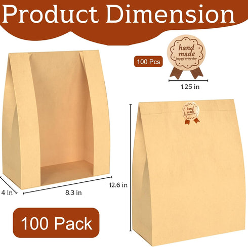 100 Pack 12.6 8.3 4 Inch Packaging ZENFUN Paper Bread Bags with Stickers, x x Sourdough Bags with Clear Window, Large