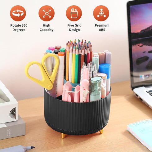 Desk Pencil Pen Holder, 5 Slots 360° Rotating Organizer for Office, School, Home, Art Supplies, Black