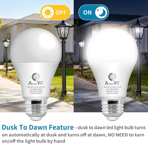 Bulb- 5 Pack, A19 Bulbs; 800 9W(60 E26 Bulb (5000K AmeriTop Dusk to Dawn Light LED Sensor Light Automatic On/Off