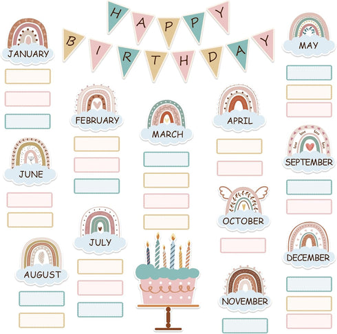 Boho Bulletin Board Decorations Set, Rainbow Birthday Chart Cutouts for School Bulletin Calendar