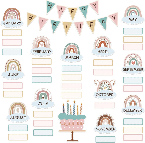 Boho Bulletin Board Decorations Set, Rainbow Birthday Chart Cutouts for School Bulletin Calendar