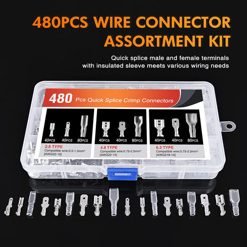Nilight 480PCS Insulated Male Female Spade Terminals, Quick Splice Assortment for 22-14 ga Electrical Wiring