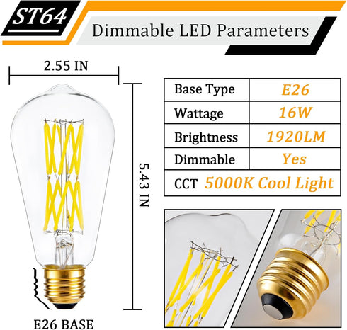 16W Dimmable ST64 LED Bulbs, 5000K Daylight White, E26 Base, Clear Glass, 1920 Lumen, Pack of 4