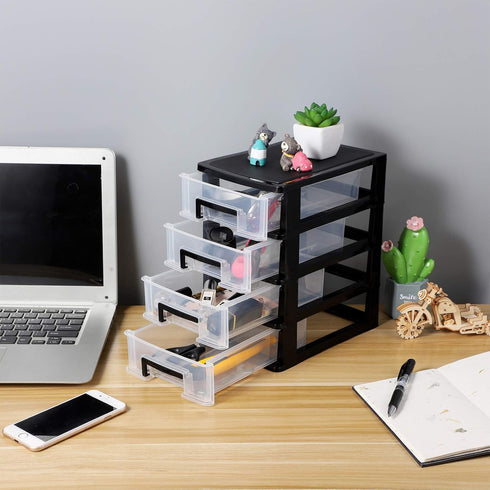 SEWACC Plastic Drawers, 4-Layer Small Drawer Organizer, Desktop Organizer with Transparent Drawers, Office Supplies